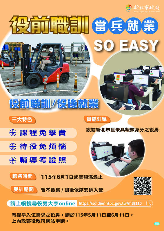 新北市辦理115年役男役前職能教育訓練圖片